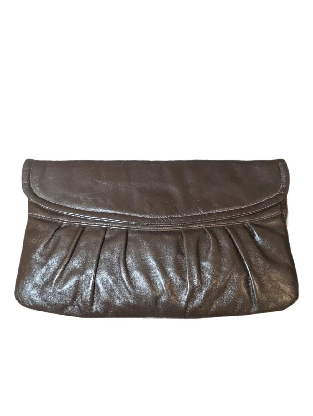 Vintage Mid- Century Brown Leather Ruched Clutch Bag EUC